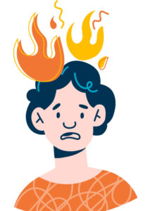Negative thinking people. Unhappy men and women with gloomy thoughts, disturbing experiences, depression and bad mood symbols, clouds and fire above head mental health concept, vector isolated set