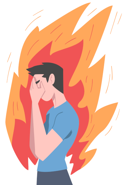 Burning Man and Woman Character Feeling Anger and Stress Vector Set. Young Male and Female on Flame Having Strong Emotion Concept